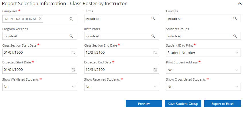 Example for Save Student Group and/or Export to Excel buttons